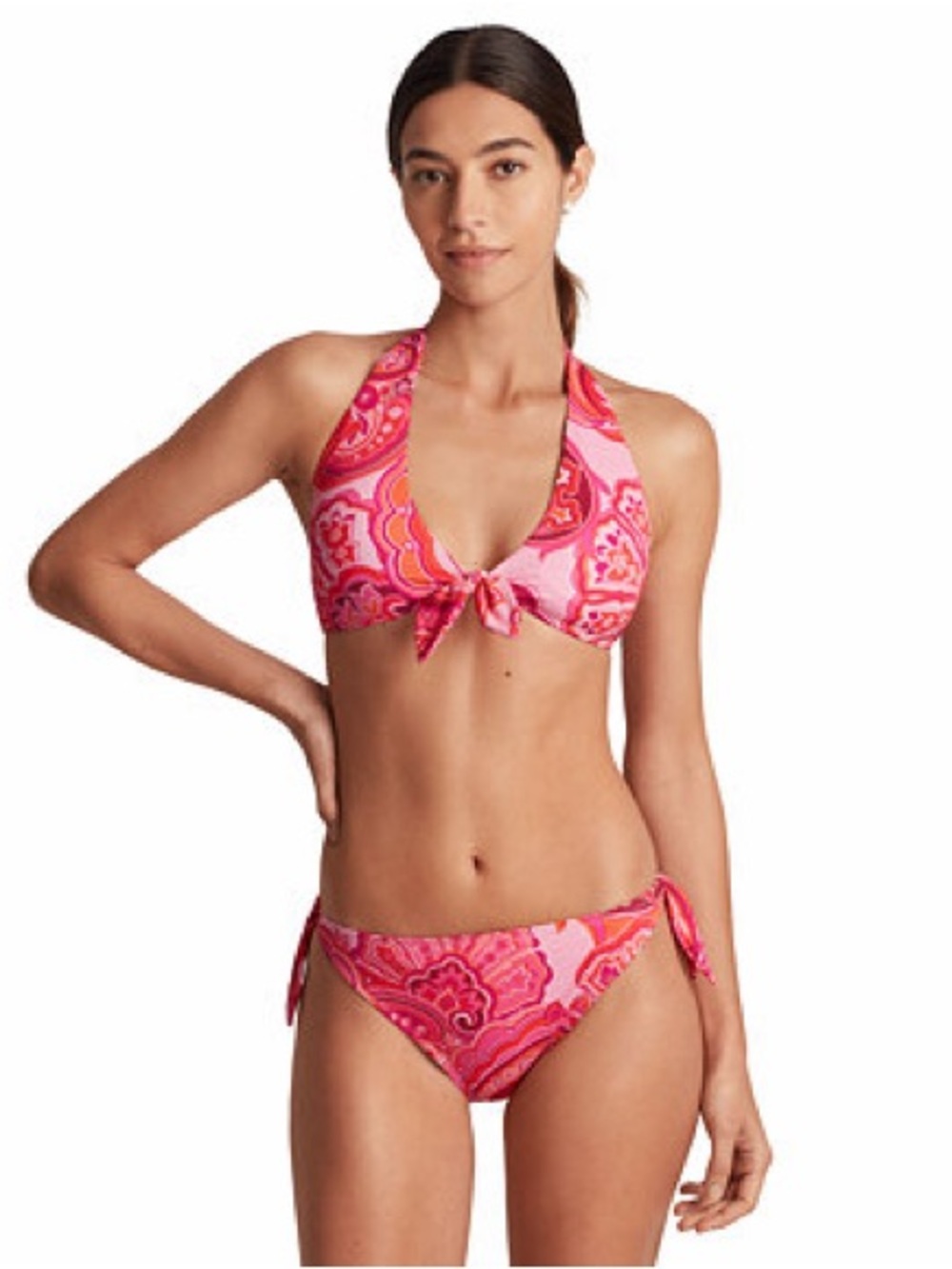 Ralph Lauren Pink Pattern Tie-Front Halter Bikini - Women Swim